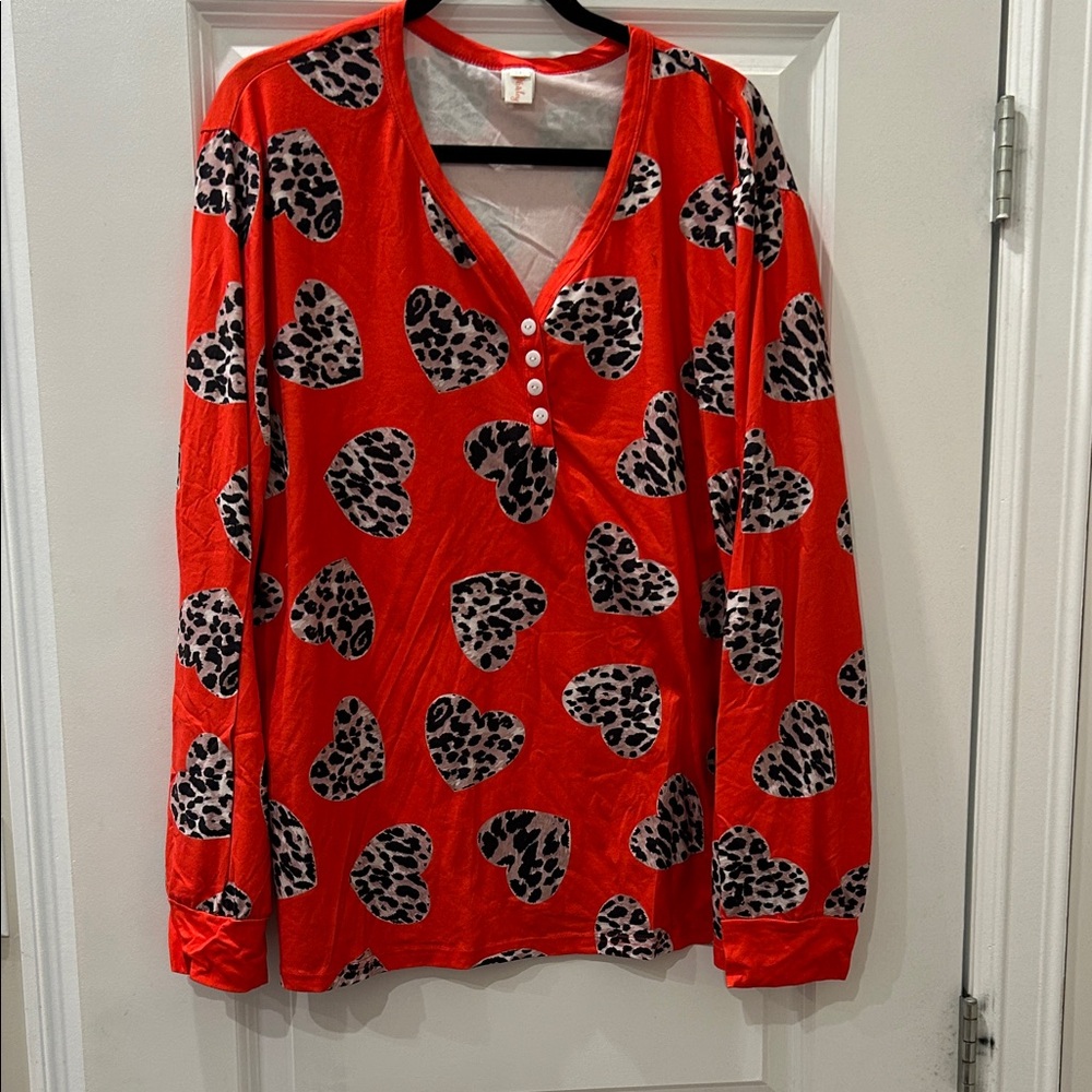 Shirley Pajamas - Red Heart Leopard Print Long Sleeve Top and Pants